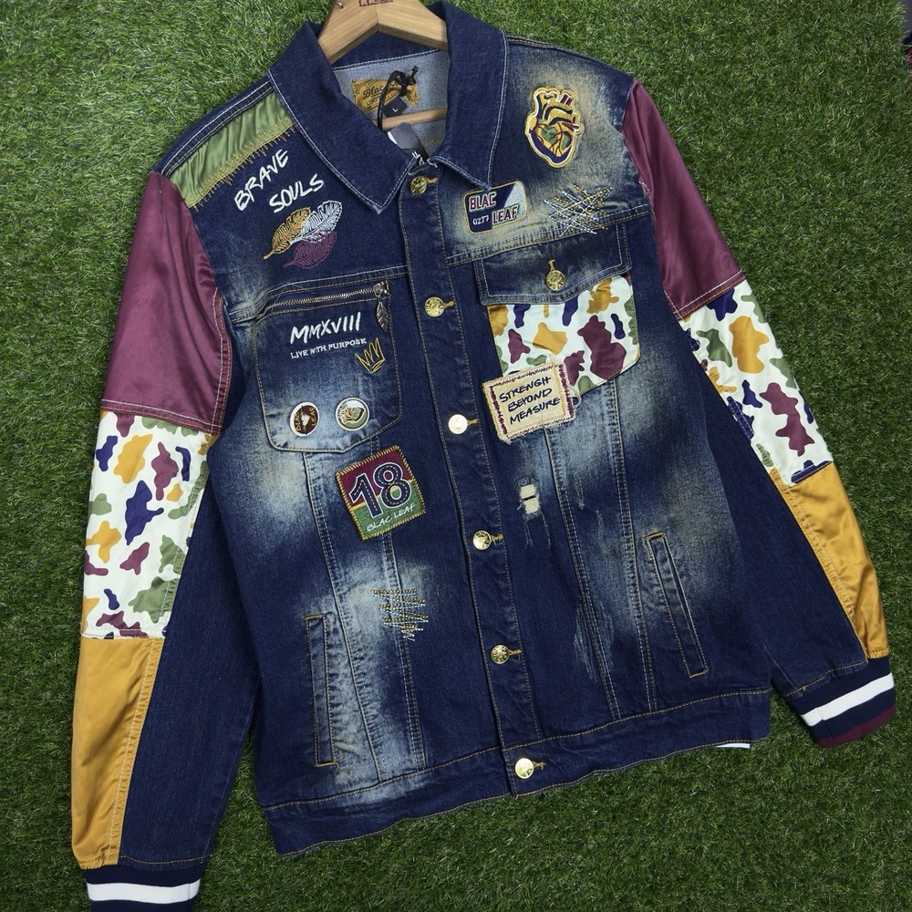Vintage Y2K Blac Leaf Hunt For What's Yours Denim Jacket Patchwork Blue L A5